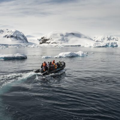 Sailing in the zodiac boats in Antarctica